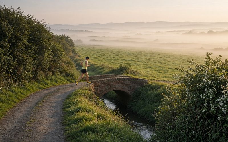 A runner in a yellow top crossing a brick bridge on a country lane at dawn