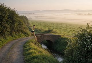 A runner in a yellow top crossing a brick bridge on a country lane at dawn
