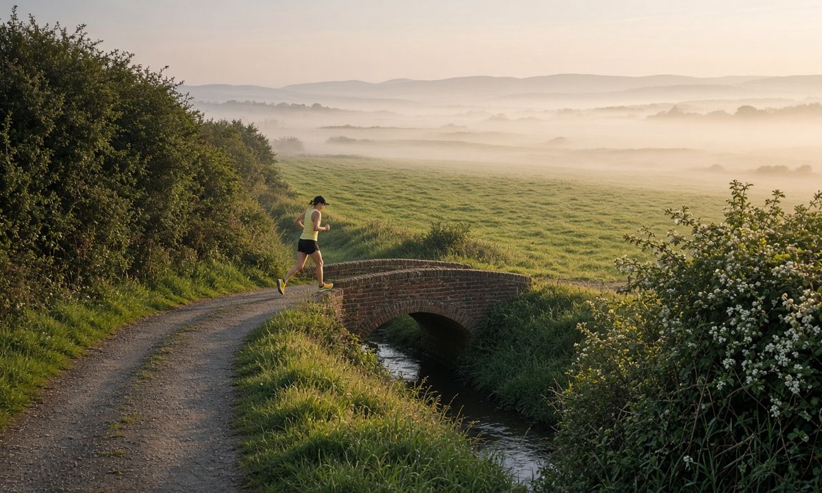 A runner in a yellow top crossing a brick bridge on a country lane at dawn