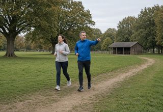 Two runners at an easy pace on a recreation ground, one pointing out the turn