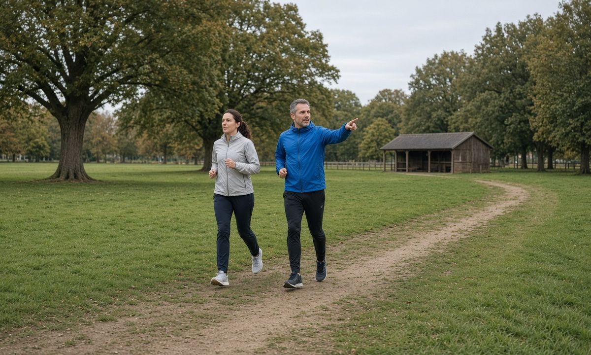 Two runners at an easy pace on a recreation ground, one pointing out the turn