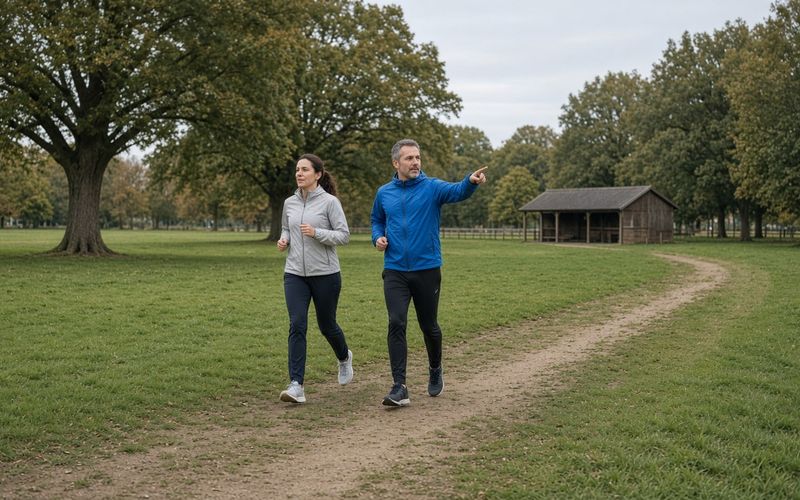 Two runners at an easy pace on a recreation ground, one pointing out the turn