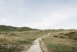 Three runners far along a path on open downs