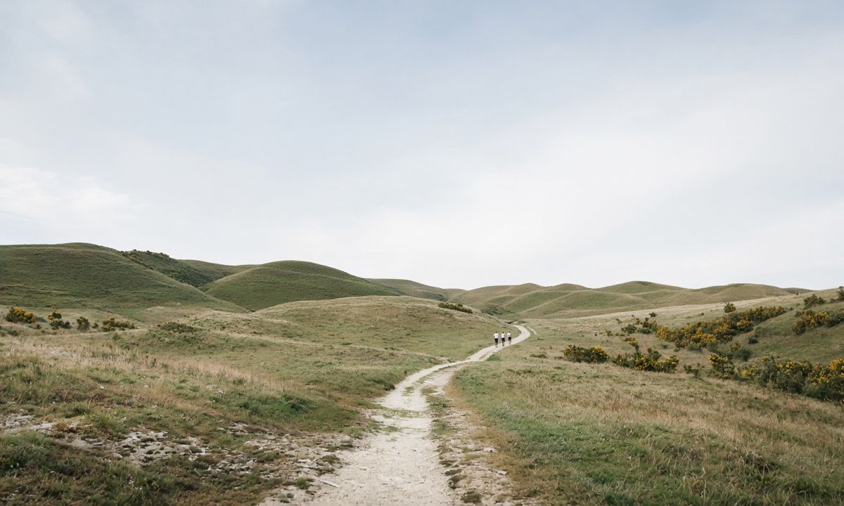 Three runners far along a path on open downs