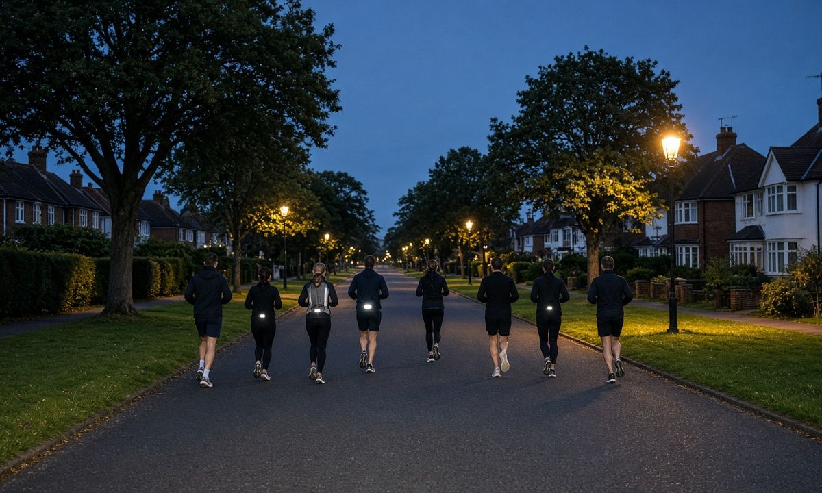 A small group running down a tree-lined street at dusk