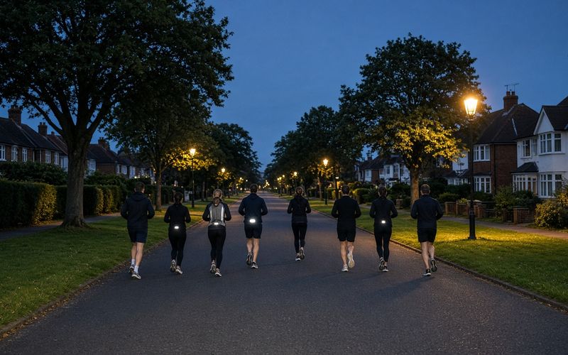 A small group running down a tree-lined street at dusk