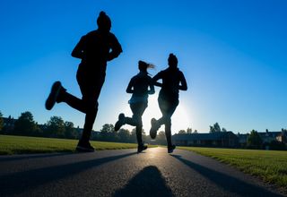 Three runners seen from behind on a recreation ground at dawn
