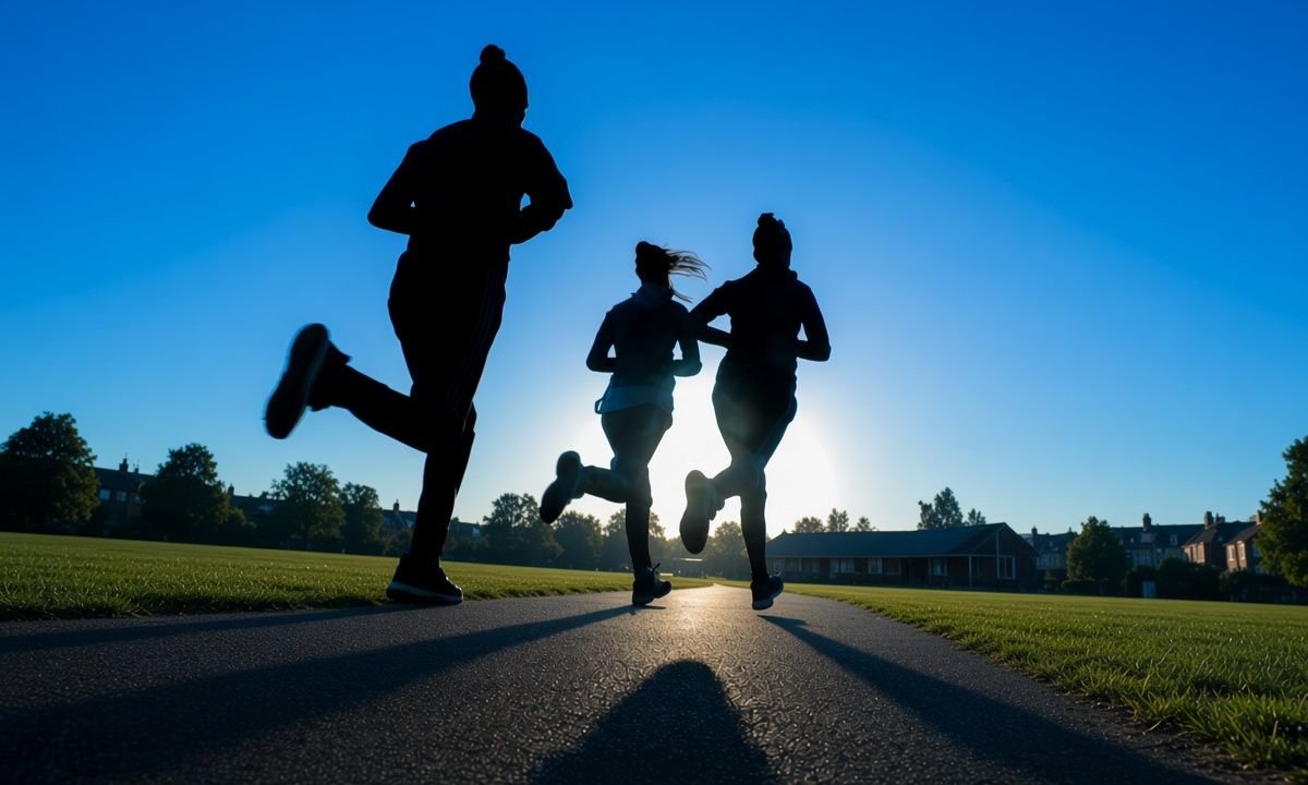 Three runners seen from behind on a recreation ground at dawn