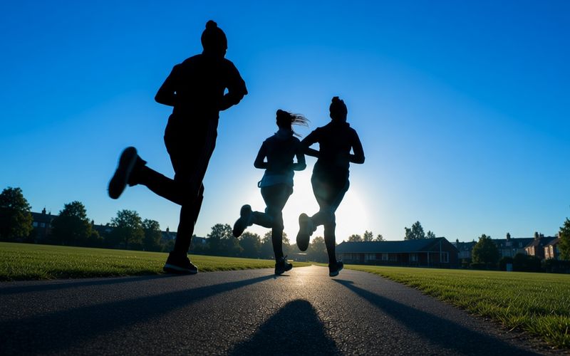Three runners seen from behind on a recreation ground at dawn