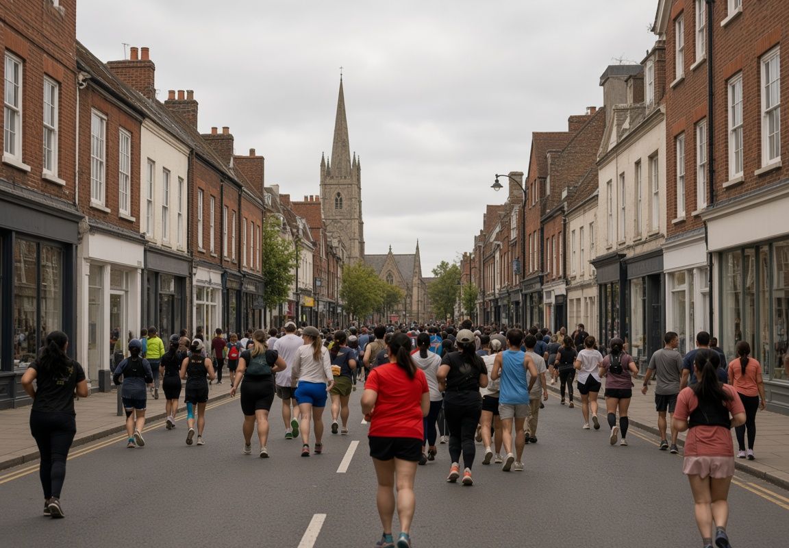 A club run heading down a Hertfordshire high street toward a church spire