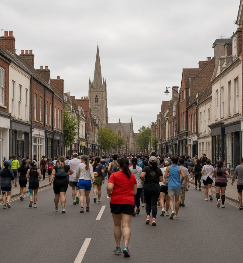 A club run heading down a Hertfordshire high street toward a church spire