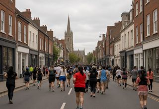 A club run heading down a Hertfordshire high street toward a church spire