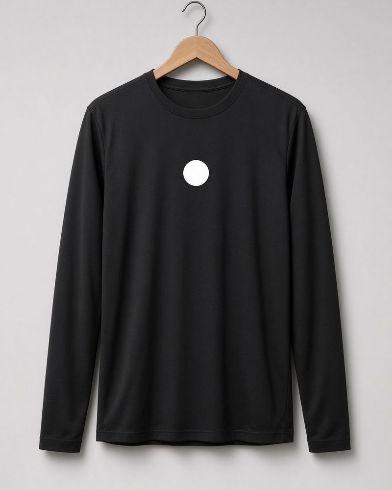 A black long-sleeve running shirt on a hanger