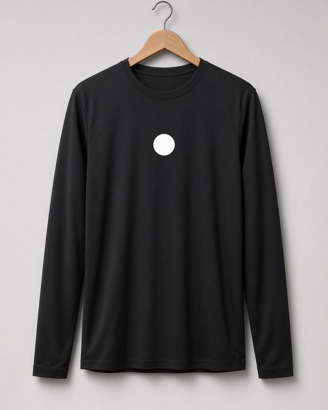 A black long-sleeve running shirt on a hanger