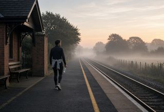 A runner on a quiet rural platform at dawn