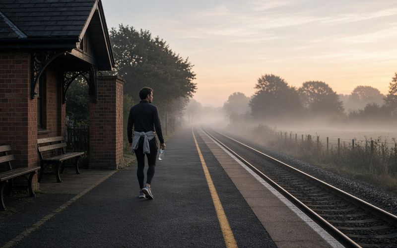 A runner on a quiet rural platform at dawn