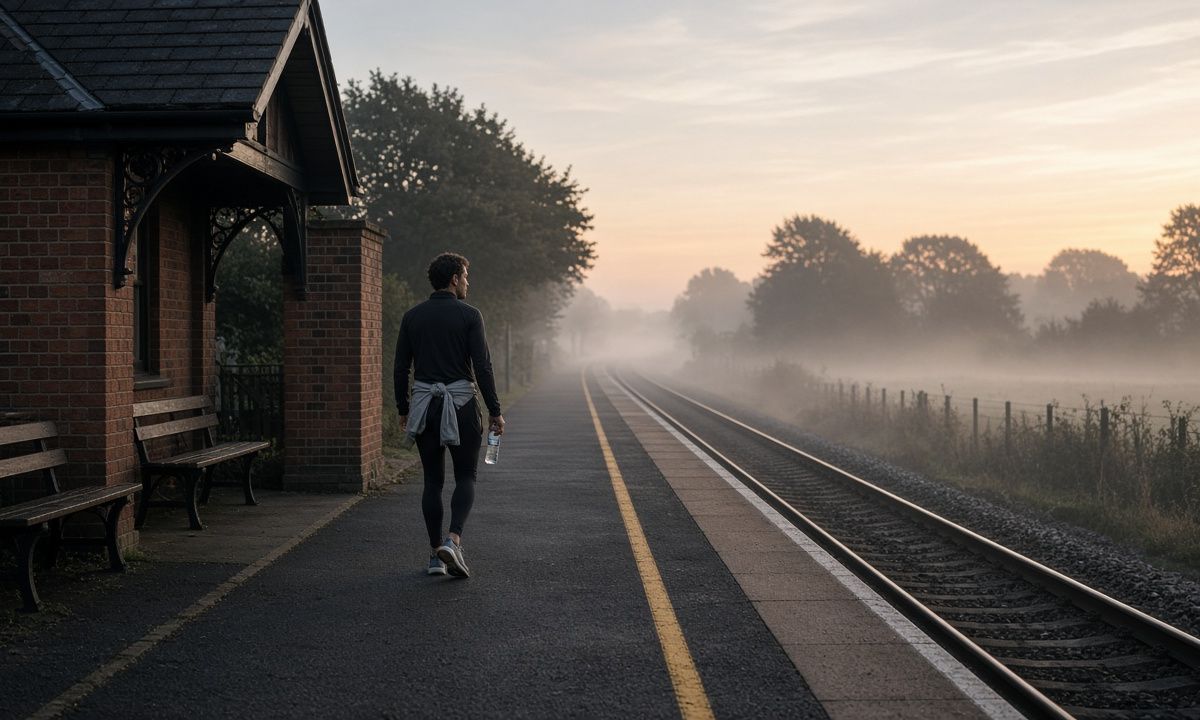A runner on a quiet rural platform at dawn